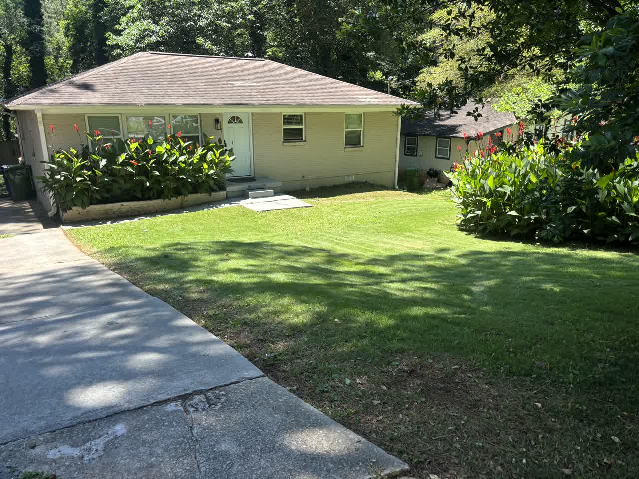 Front of the house from the driveway, with the front lawn and flowering plants by the door